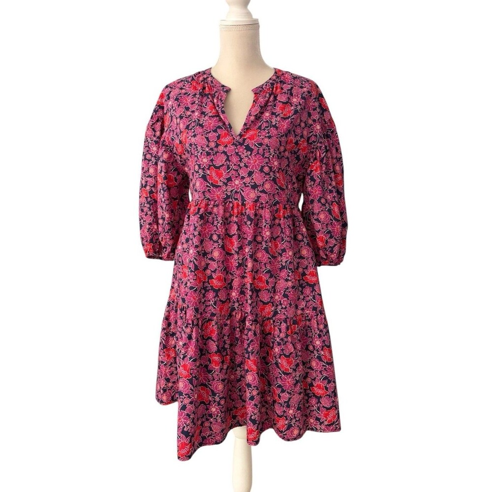 SUNDRY Floral Tiered Dress Sz 1 Women’s Small 4-6 Cottage Core Navy Pink Pockets - Picture 15 of 16